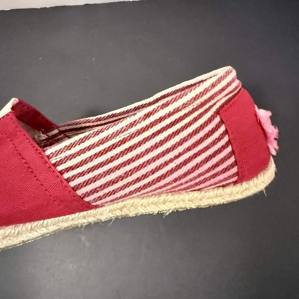 TOMS Red Herringbone Canvas Espadrille Alpargata Flats Striped Heel Womens 7.5